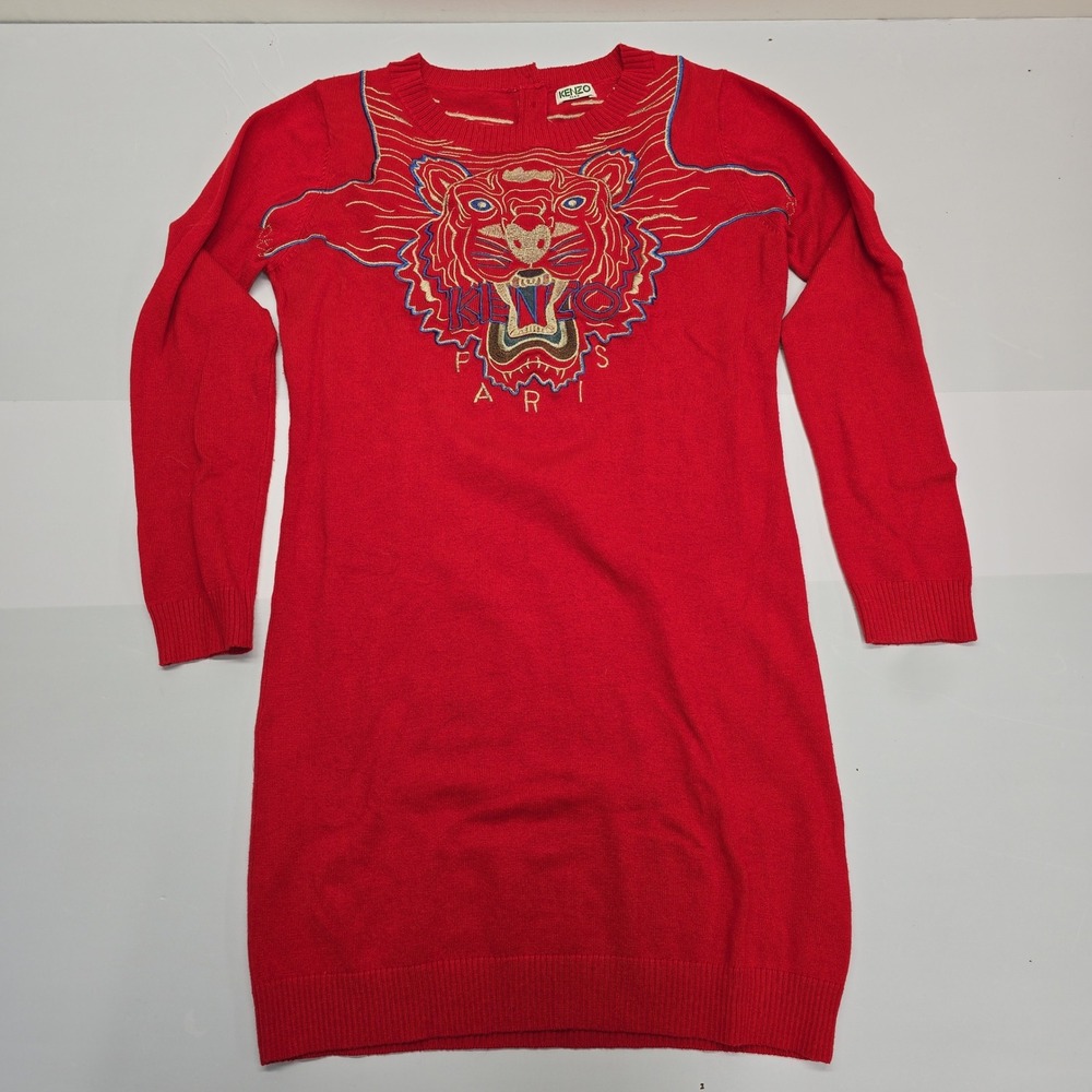 Kenzo Paris Red Wool Cashmere Tiger Embroidered Knit Sweater Dress Womens
